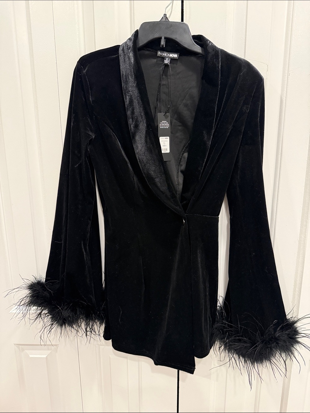 Fashion Nova feather trim velvet Blazer romper with Feather Cuffs
